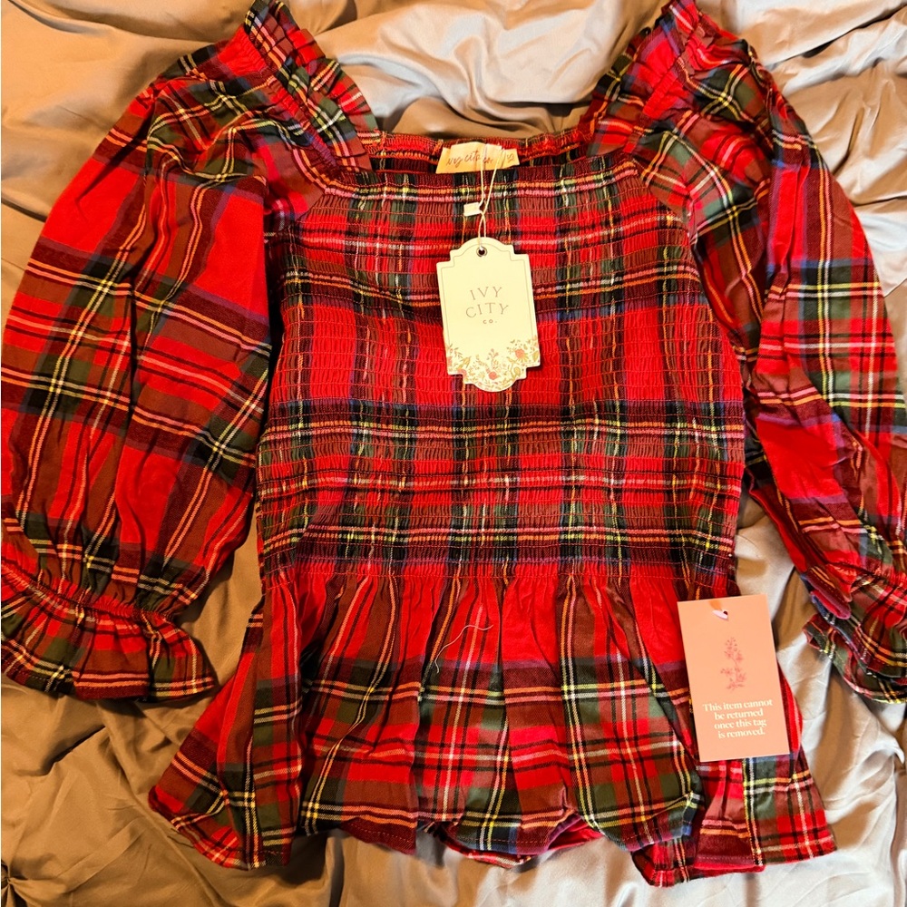 Ivy City Co Vibrant Plaid Smocked Blouse